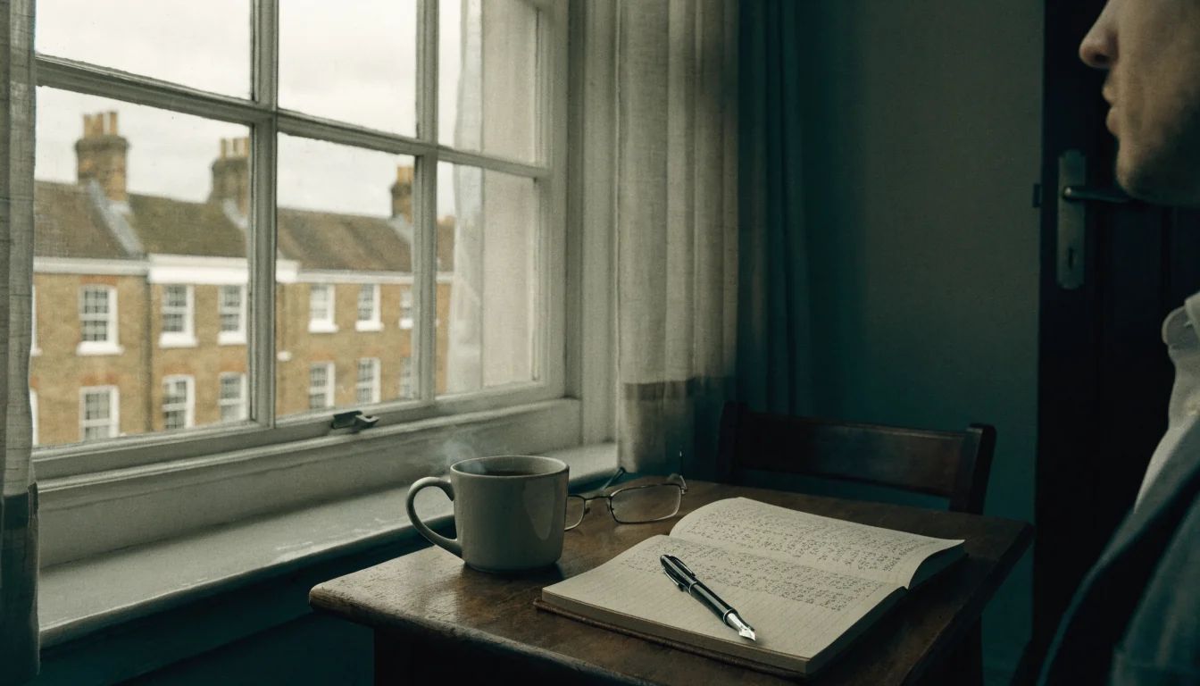 Wooden desk by a London window with handwritten review notes, tea, and reading glasses in soft daylight.