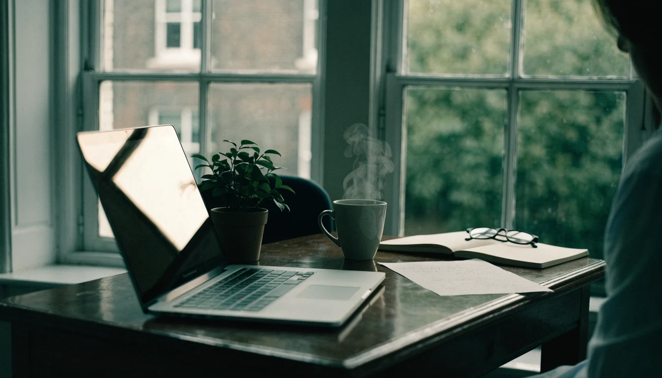 A sunlit desk with laptop, steaming mug of tea, plant, notebook, and reading glasses.