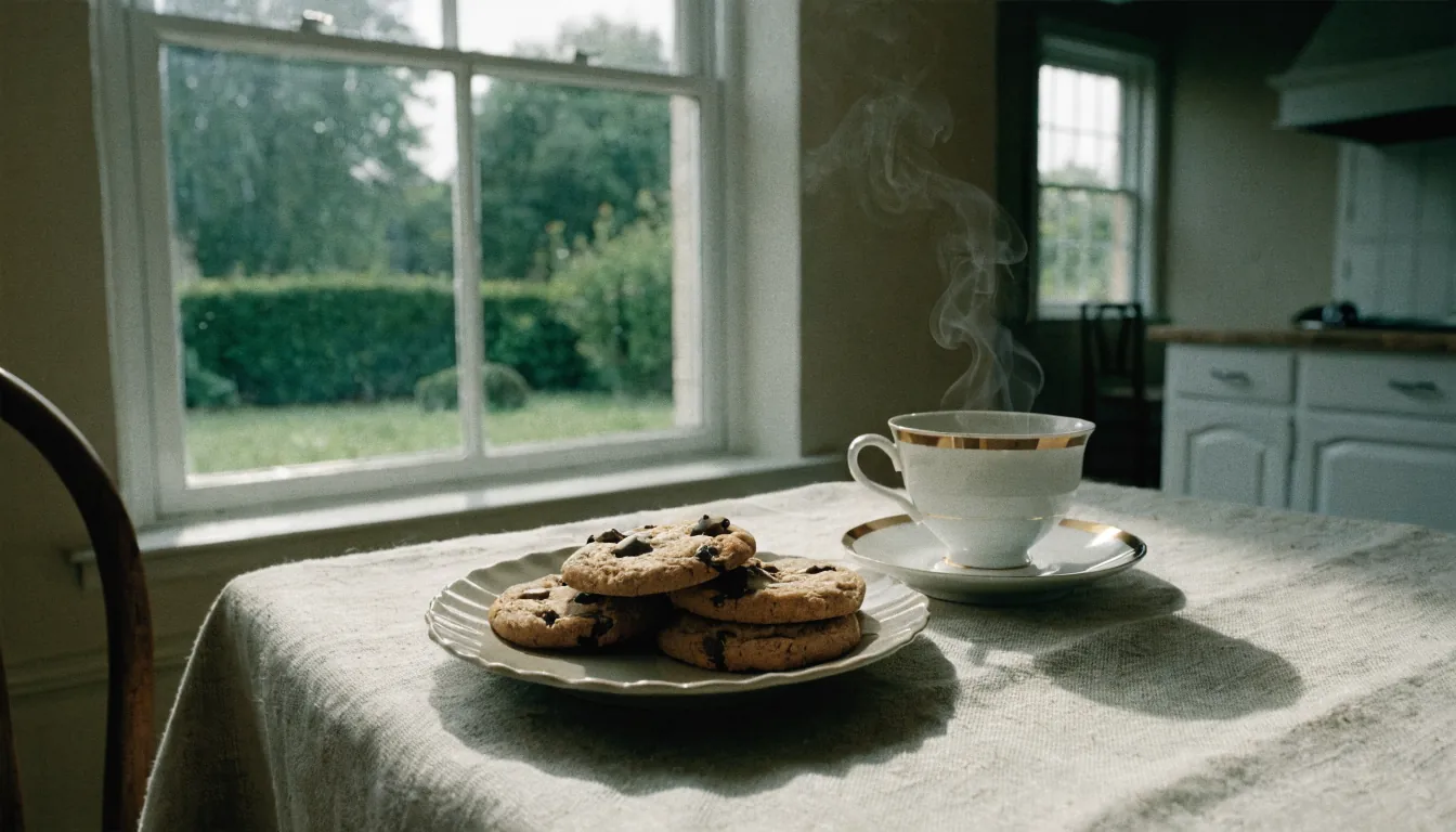Chocolate chip cookies and a cup of tea on a sunlit kitchen table.