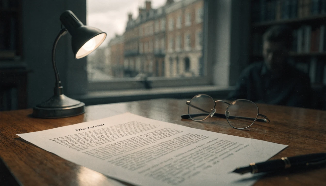 Printed disclaimer document on a wooden desk with reading glasses, fountain pen, and warm lamp light.