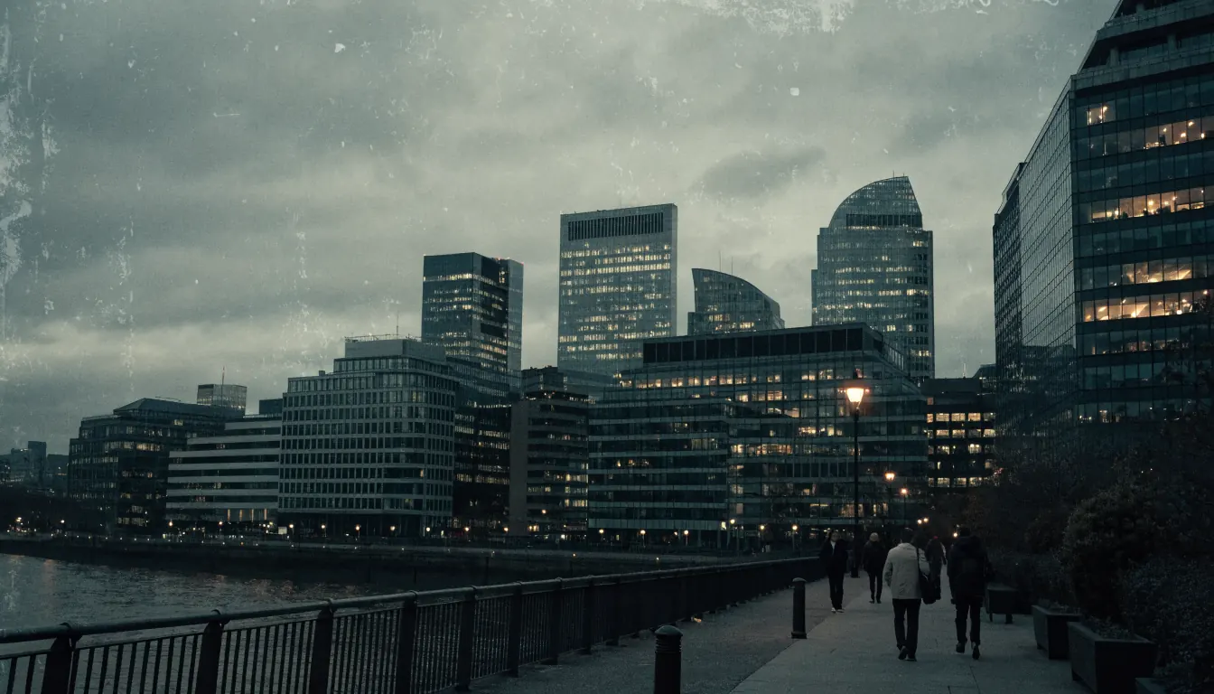 London financial district office towers at dusk over the Thames