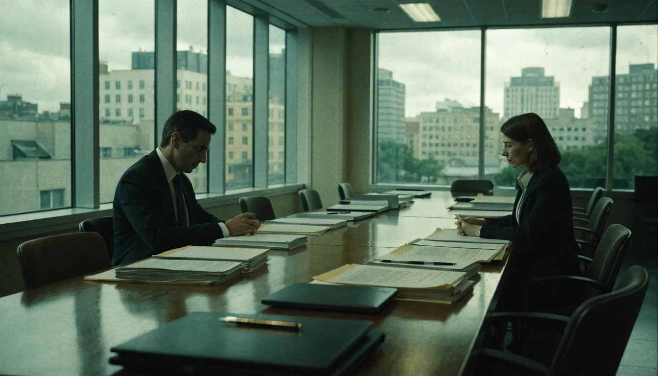 Business professionals in London boardroom reviewing contracts