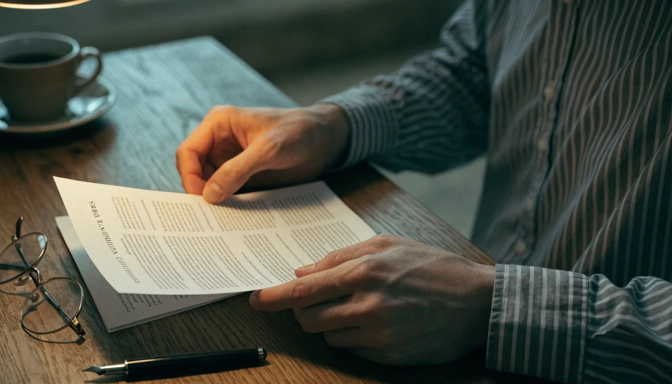 Hands reading printed terms document on desk with reading glasses