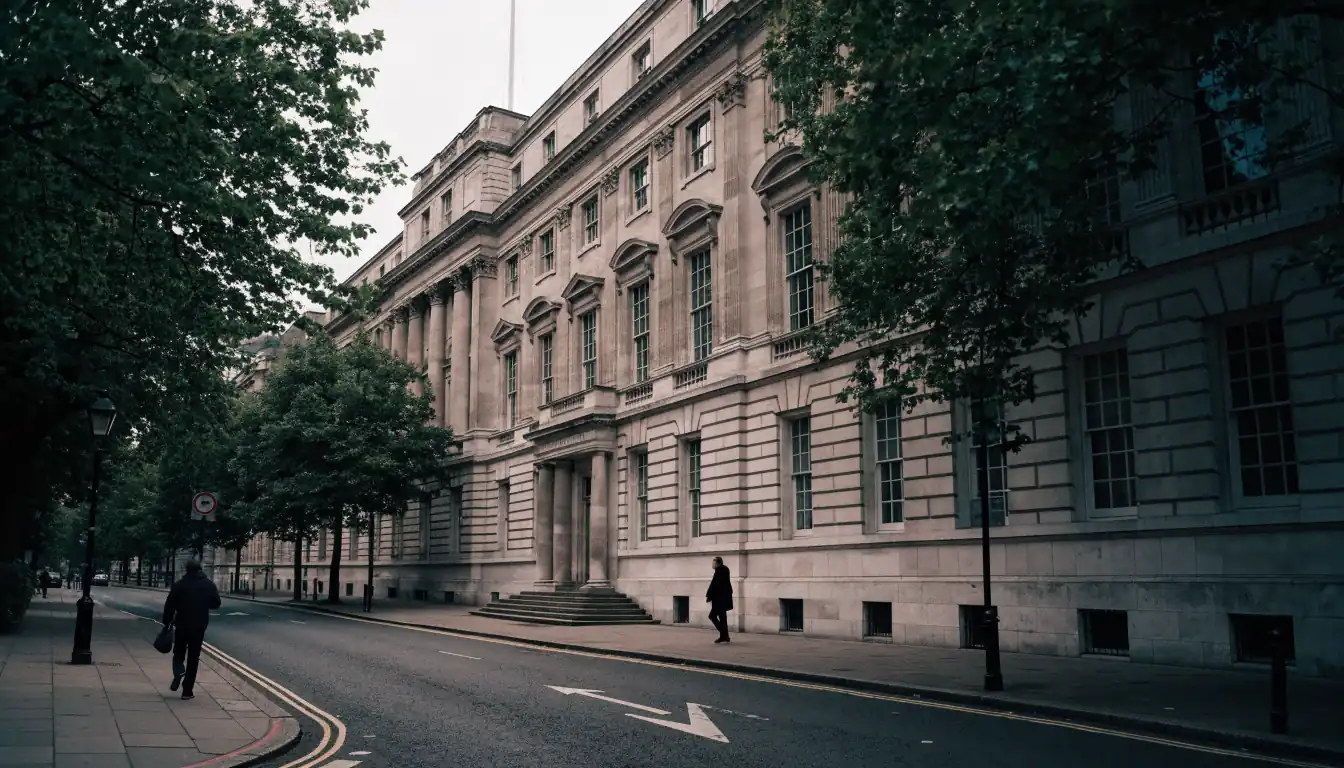 Classical UK government building exterior with stone columns