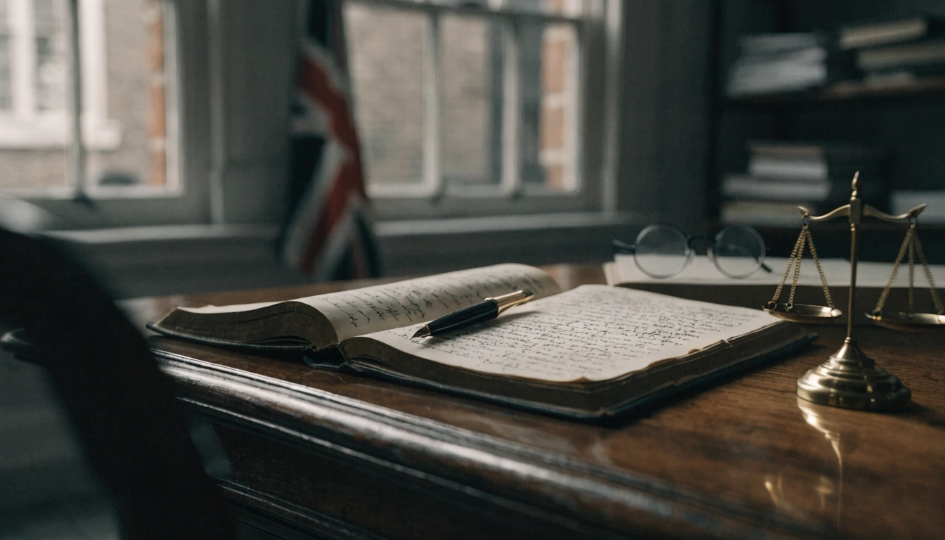 Wooden solicitor's desk with legal ledger, scales of justice paperweight, fountain pen and reading glasses in London office.