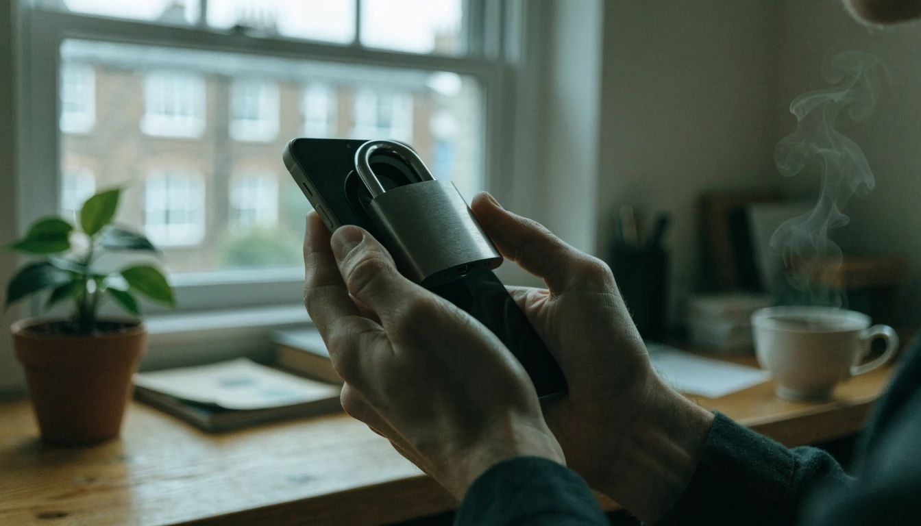 Hands holding a smartphone with a padlock on the screen, symbolizing data protection.