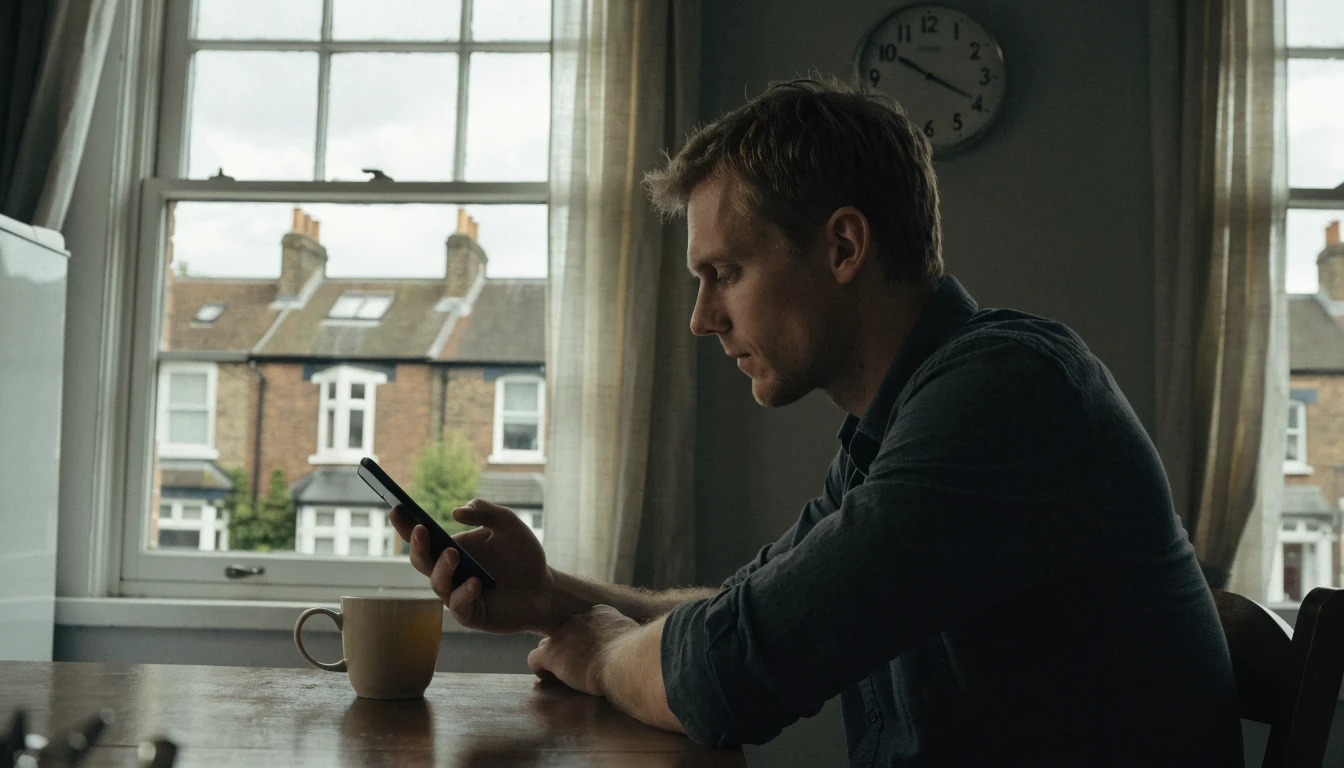 Man at kitchen table with phone and tea in British flat
