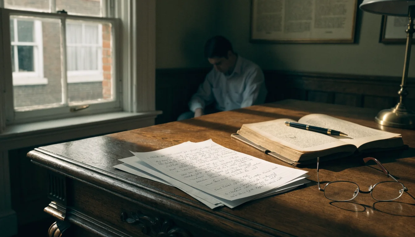 British study desk with legal documents, notebook, and reading glasses by a window.